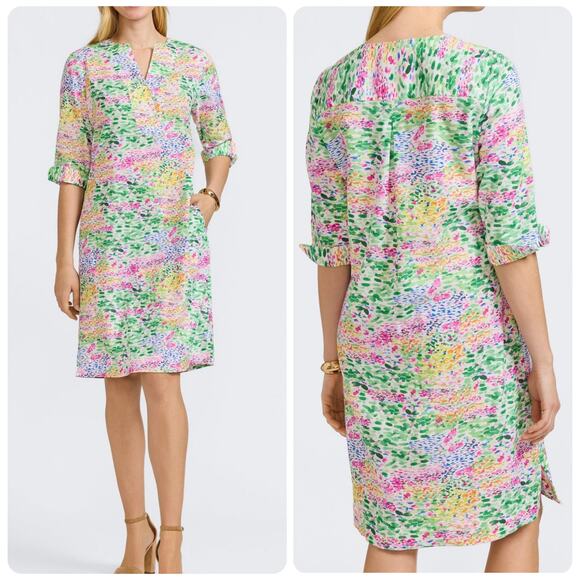 FOXCROFT Vena Linen Impressionist Floral 3/4 Sleeve Dress women’s size large - Picture 1 of 12